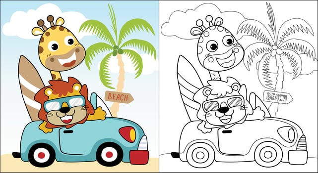 Vector cartoon of funny giraffe with lion on car going to beach. Coloring book or page