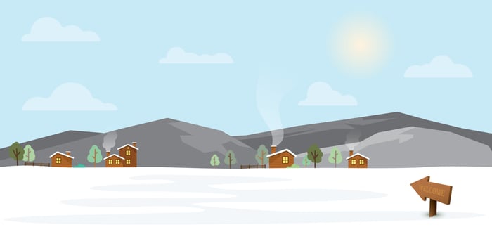Summer in snow land with small town vector illustration. Farm and house in snow hill with clear sky in sunny day.