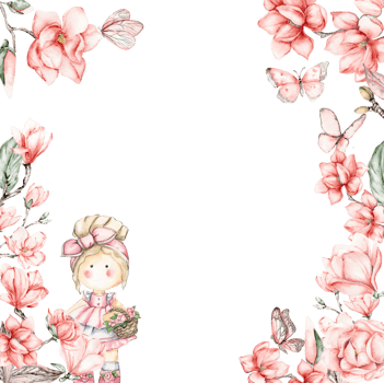 Watercolor square flower frame in cartoon style with a cute girl doll in a dress. Cartoon hand drawn background with flower princess and yellow flowers for kids design. Perfect for wedding invitation. png