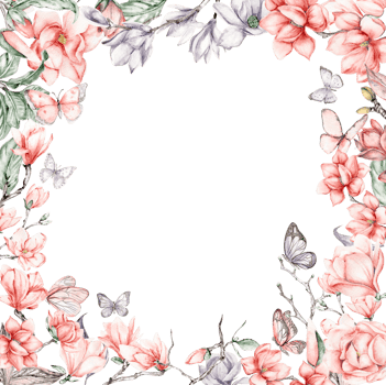 Watercolor hand drawn spring garden full of flowers square frame. Watercolor illustration for scrapbooking. Cartoon hand drawn background with flower for kids design. Perfect for wedding invitation. png