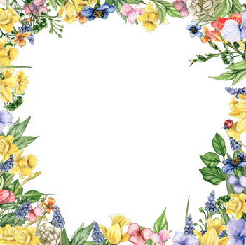 Watercolor hand drawn spring garden full of flowers square frame. Watercolor illustration for scrapbooking. Cartoon hand drawn background with flower for kids design. Perfect for wedding invitation. png