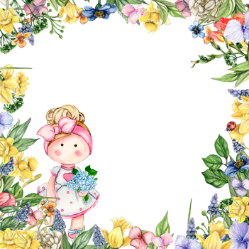 Watercolor square flower frame in cartoon style with a cute girl doll in a dress. Cartoon hand drawn background with flower princess and yellow flowers for kids design. Perfect for wedding invitation. png