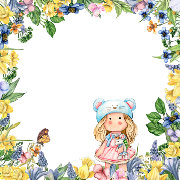 Watercolor square flower frame in cartoon style with a cute girl doll in a dress. Cartoon hand drawn background with flower princess and yellow flowers for kids design. Perfect for wedding invitation. png