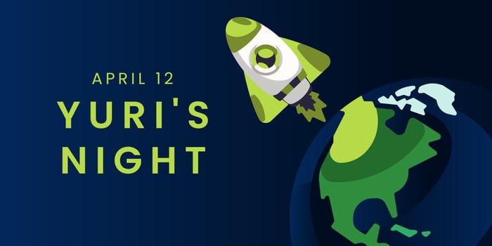 Yuri's Night Horizontal Banner with space, planets, sun, moon, and rocket ship. Yuri's Night typographic design. Editable Vector Illustration. EPS 10.