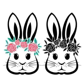 Rabbit with flowers and Easter bunny ears Illustration in black and white vector file.