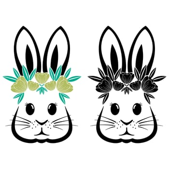 Rabbit with flowers and Easter bunny ears Illustration in black and white vector file.