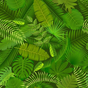 Fashionable seamless tropical pattern design with bright green plants and leaves on dark background. Jungle print. Floral background. Vector illustration.