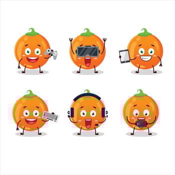 Halloween orange candy cartoon character are playing games with various cute emoticons vector