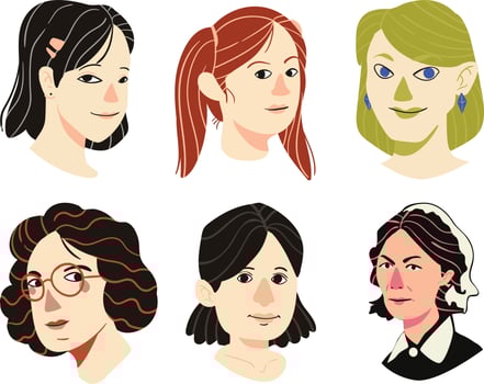 Set of different women avatars. Vector illustration in cartoon style.