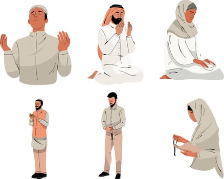 Set of muslim man in traditional clothes praying. Vector illustration.