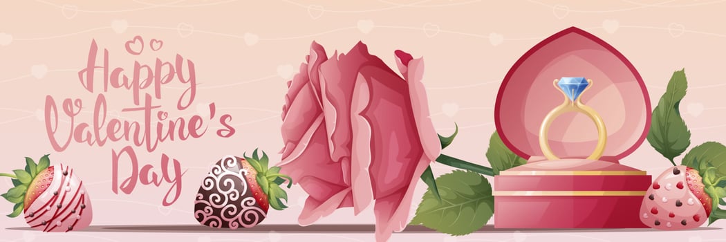Horizontal banner for valentine s day. Romantic holiday, advertising, holiday greetings. Banner, poster, flyer with wedding ring, rose and chocolate covered strawberry vector