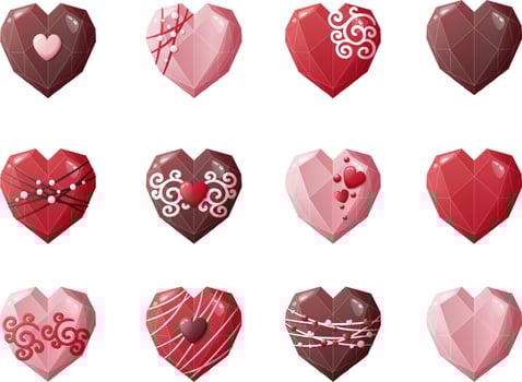 Heart shaped chocolate candy set on an isolated background. Sweets for Valentine s Day with delicious icing and decorations. Vector icons, stickers,