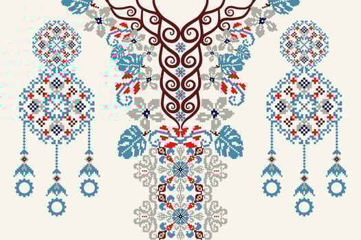Neckline floral cross stitch embroidery on white background.boho neckline orientalist pattern traditional.Aztec style abstract illustration.design for texture,fabric,fashion women wearing,clothing. vector
