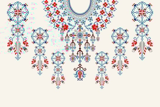Neckline floral cross stitch embroidery on white background.boho neckline orientalist pattern traditional.Aztec style abstract illustration.design for texture,fabric,fashion women wearing,clothing. vector