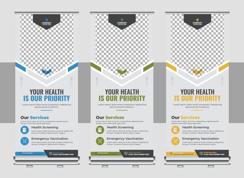 Professional health care and medical roll up design template, standee and banner template decoration for exhibition, printing, presentation and brochure flyer vector
