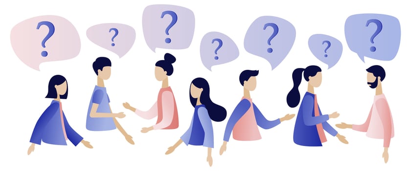 Group of people talking. People around question marks. Question answer metaphor. Modern flat cartoon style. Vector illustration