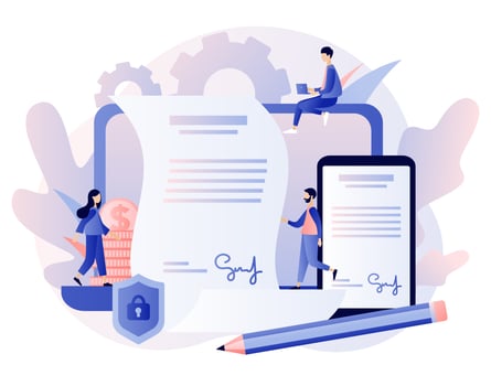 Electronic contract or digital signature concept. Modern flat cartoon style. Vector illustration