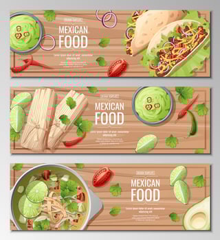 Set of horizontal banners with mexican food on a wooden background. Tamales, nachos, tacos, lime soup. Banner, flyer, poster, advertisement of traditional Mexican food. vector
