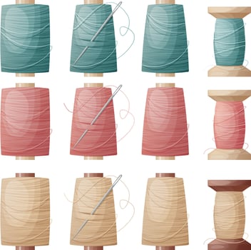 Set of spools of thread on an isolated background. Blue, pink, yellow silk threads with a needle. Vector illustration of a seamstress tool