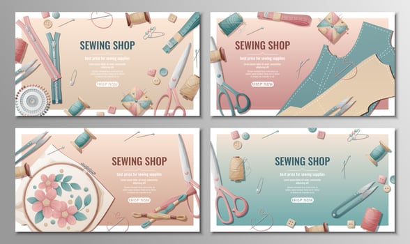 Set of sewing shop banners with sewing supplies and tools. Template of discount banners for tailoring studio, workshop. Compositions of pins, threads, needles, scissors, fabric scattered on the surfac vector