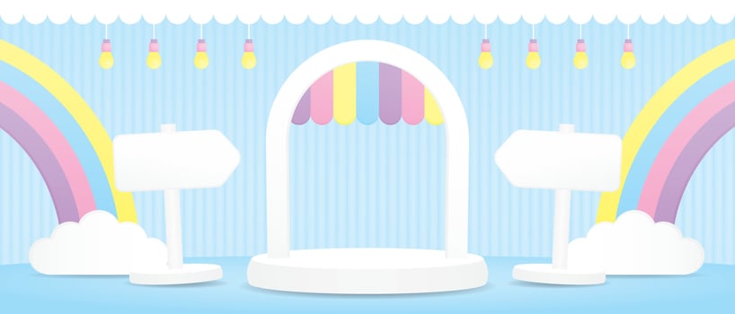 cute arch display stand with colorful pastel awning and rainbow and white signboard on blue floor and wall 3d illustration vector for putting object in kawaii style