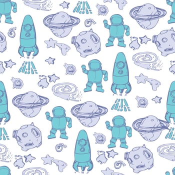 Space Background for Kids. Vector Seamless Pattern with Cartoon Rockets, Planets, Stars, Comets. space theme seamless pattern with hand drawn doodles.