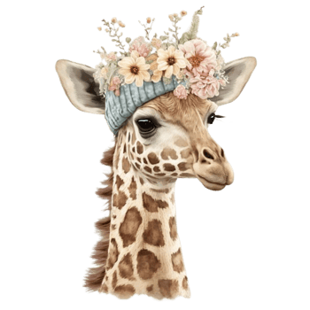 Cute Giraffe With Floral Knitted Hat Watercolor Painting Style png