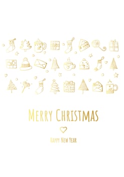 Merry Christmas and happy new year vector poster or greeting card design with hand drawn doodles elements. Xmas banner with gold gradient.