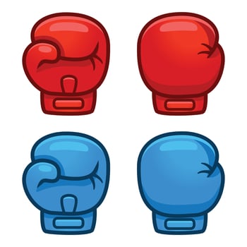Cartoon red and blue boxing glove icon, front and back. Isolated vector illustration.