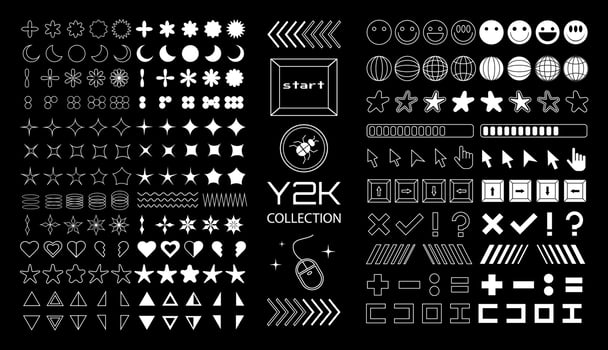 Y2K big collection of vector symbols and icons, 2000s generation set, retro mania symbols.
