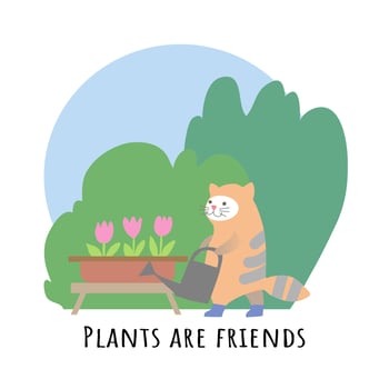 Clip art cat with a watering can in the garden. Plants are friends is hand drawn plant and pet cat. Scandinavian cartoon style design. Great for children's print, covers, scrapbooking. vector