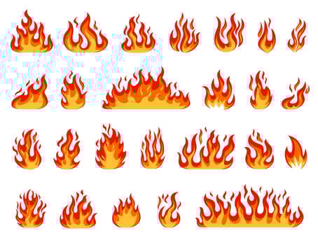 Cartoon flame. Bonfire flames, fireballs, burning candle or torch flame, blazing fire. Comic red or orange hot flaming fires effect vector set