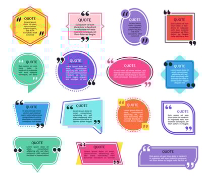 Quote boxes. Colorful quotes frames with quotation marks. Dialog bubble box, information tag, text message, texting frame template vector set
