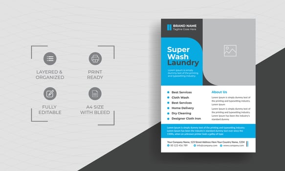 Laundry Service Flyer, Laundry service flyer template. Laundry service poster design ideas. Cleaning service leaflet template vector