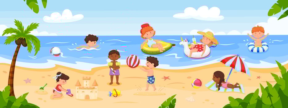 Kids playing at beach. Happy children playing at seaside, swimming in ocean, building sandcastle. Summer holiday or vacation vector illustration