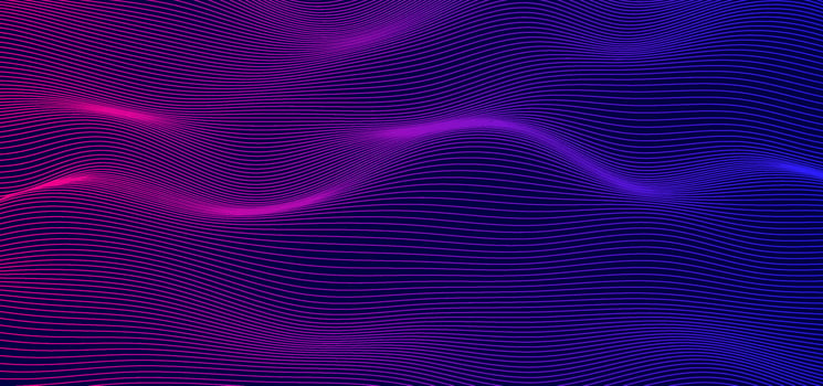 Abstract smooth thin lines on dark blue background. Futuristic technology design backdrop with purple and blue gradient transition. vector