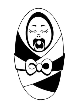 Vector isolated monochrome illustration of newborn baby in a blanket. Black and white doodle.