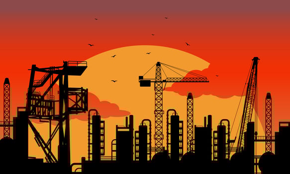 Construction silhouette sunset view. Industrial building silhouette vector