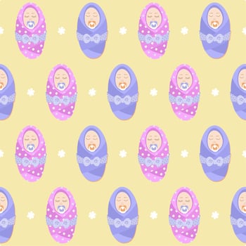 Vector seamless soft pastel pattern with newborn babies wrapped in blankets and with pacifiers.