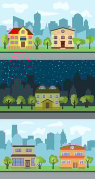 Set of three vector illustrations of city street with cartoon houses and trees. Summer urban landscape. Street view with cityscape on a background