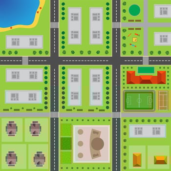 Plan Of City. Top view of the city with the road, crossroad, high-rise buildings, trees, shrubs, beach, playground, office building, concert hall, stadium, tennis court and private houses. vector