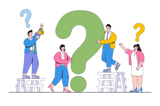 Problem solving question search for answer, big punctuation mark with people around, research concept. Outline design style minimal vector illustration for landing page, infographics, hero images