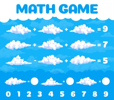 Cartoon white clouds in blue sky math game page vector