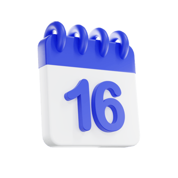 3d rendering calendar icon with a day of 16. Blue and white color. png
