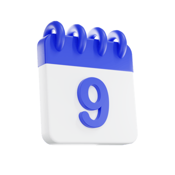 3d rendering calendar icon with a day of 9. Blue and white color. png