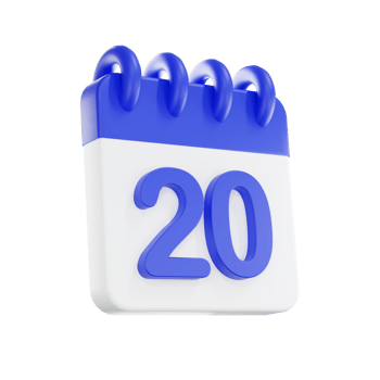 3d rendering calendar icon with a day of 20. Blue and white color. png