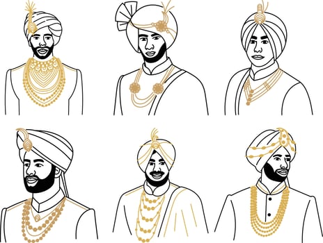 Set of Asian men in traditional clothes. Hand drawn vector illustration.