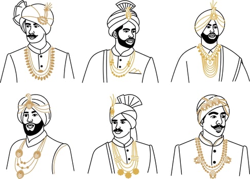 Set of indian men in traditional clothes. Hand drawn vector illustration.