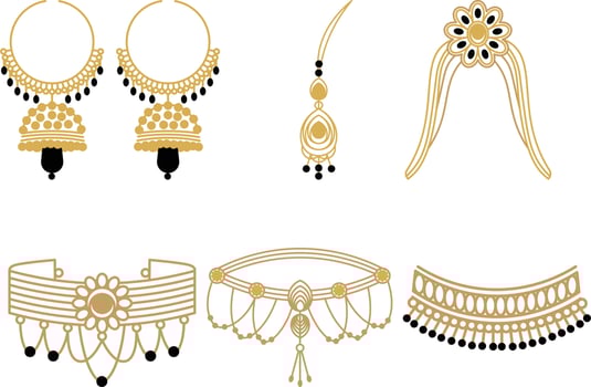 Set of gold jewelry necklaces and earrings. Vector illustration