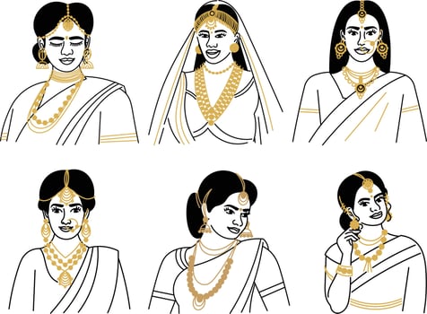 Set of indian women in traditional sari. Vector illustration.